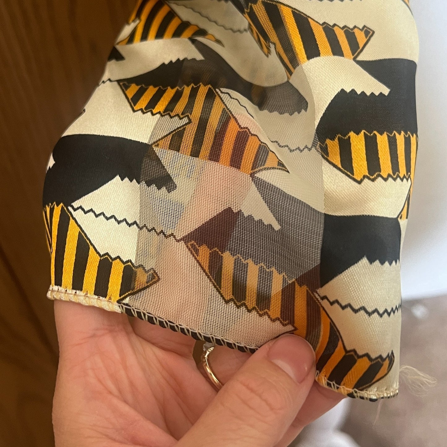 Vtg 80s Geometric Scarf Gold Black Semi Sheer Groovy Artsy Eclectic Maximalist