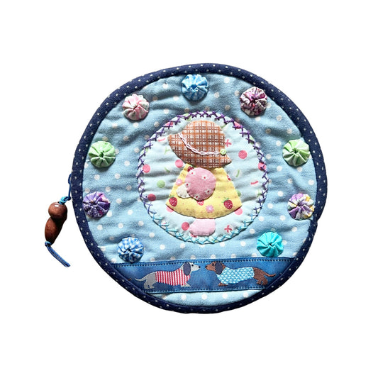 Upcycled Handmade Round Zipper Pouch Multi-color Girl Motif Cottagecore Crafty