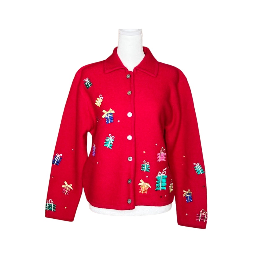 Vtg 90s Karen Scott Christmas Knit Jacket 100% Wool Red Multi-color Embroidered Presents Holiday Teacher Maximalist