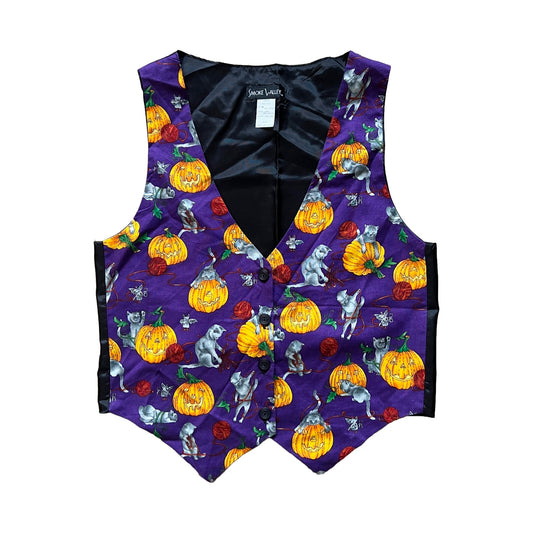 Vintage 90s Smoke Valley Halloween Vest Size S/M Purple Novelty Print Pumpkin Cat Yarn Whimsical Grannycore Teacher