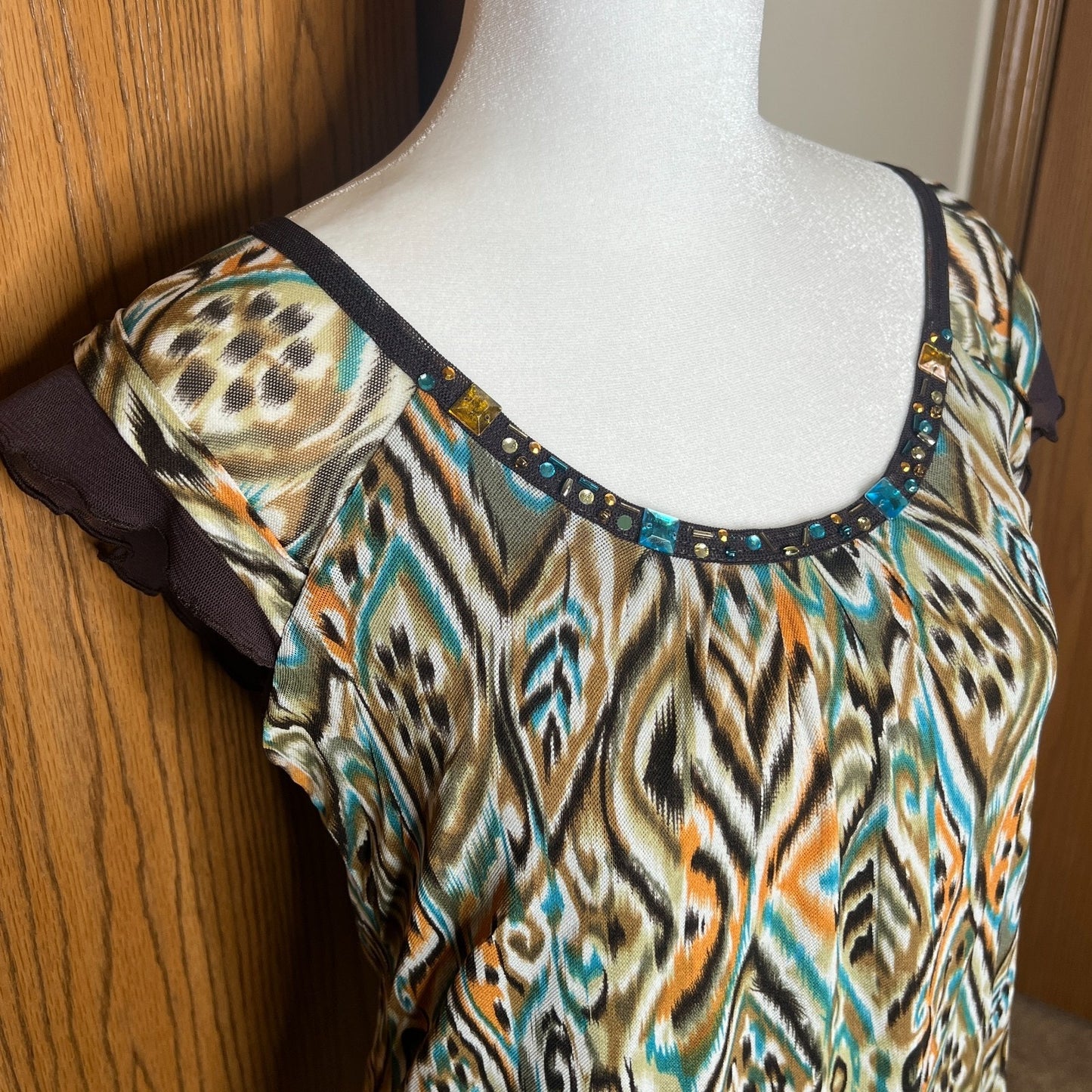 Vintage Y2K Tribal Top M Brown Geometric Rhinestones Fairy Whimsigoth Groovy