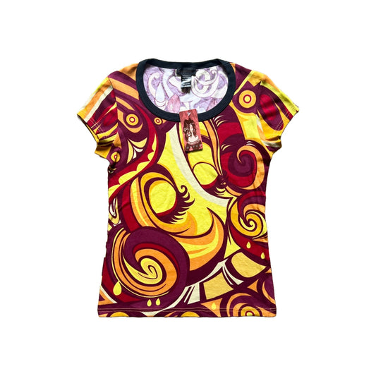 Vintage Deadstock Y2K Custo Barcelona Hayes Womens Top Size L Multi-color All Over Print Fitted Euro Rave