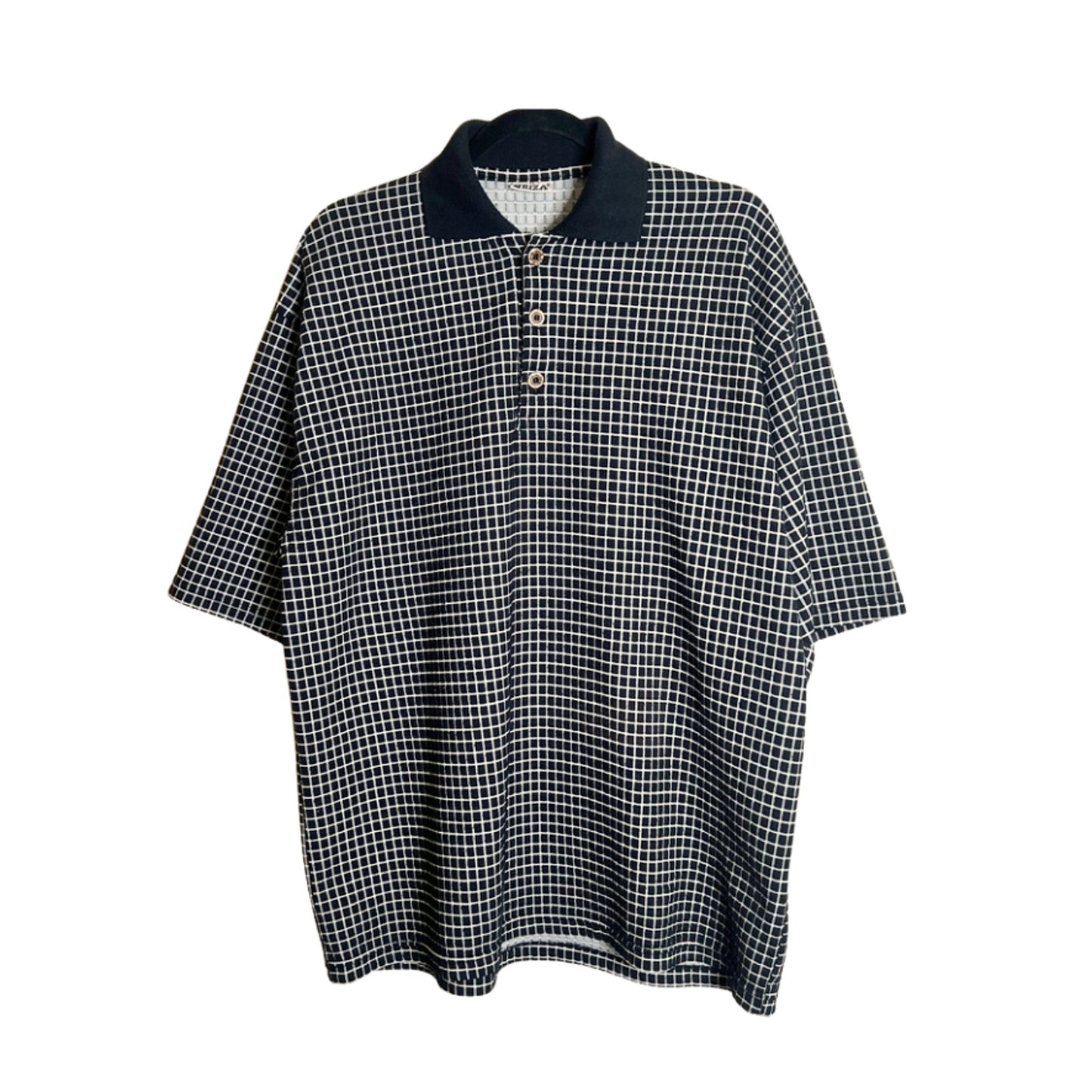Vtg 90s Nriza Mens Polo Shirt XL Black White Plaid Preppy Golf Mod Minimalist