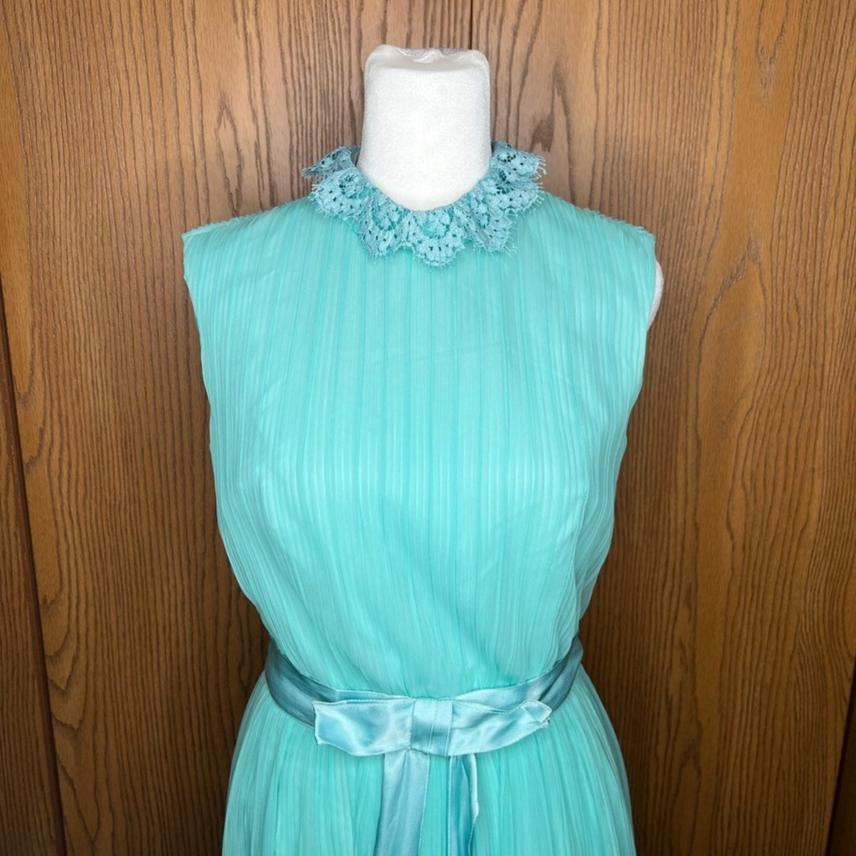 Vtg 60s Miss Eliette Maxi Gown 10 Seafoam Pleated Formal Bridesmaid Goddess Prom