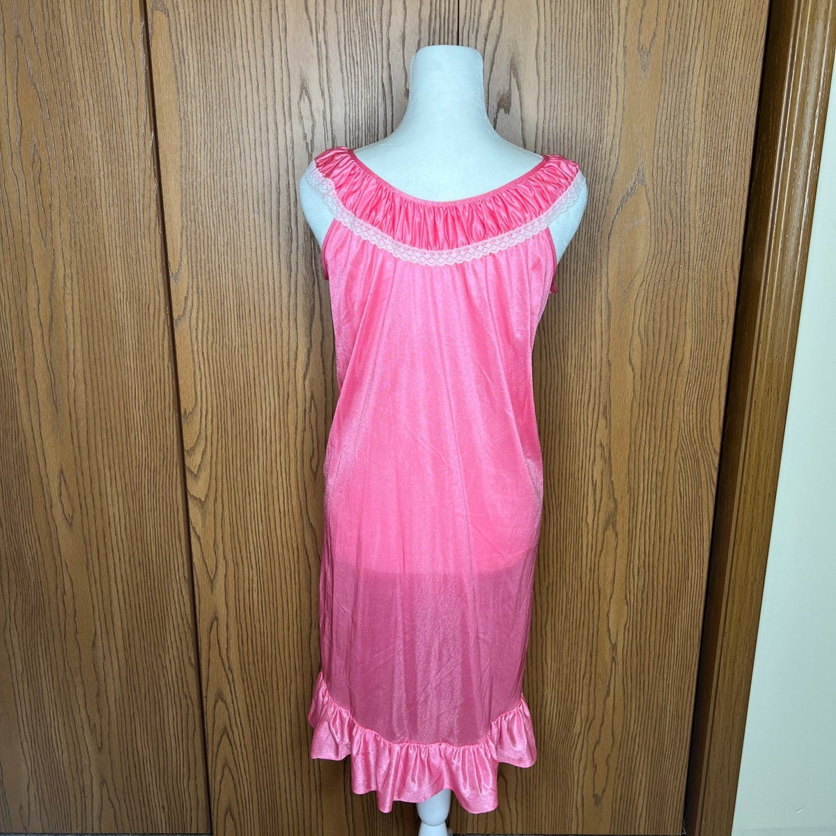 Vtg 60s Pink Slip Dress M Satin Ruffled Lace Collar Coquette Soft Girl Feminine