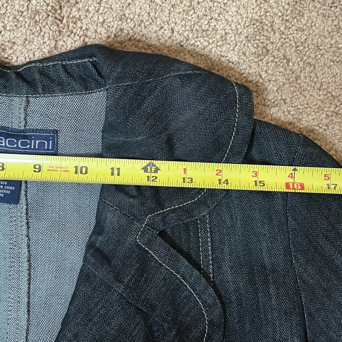 Vintage Y2K Baccini Womens Denim Jacket Dark Wash Ruffle Collar Structured Baddie Grunge Classic Timeless