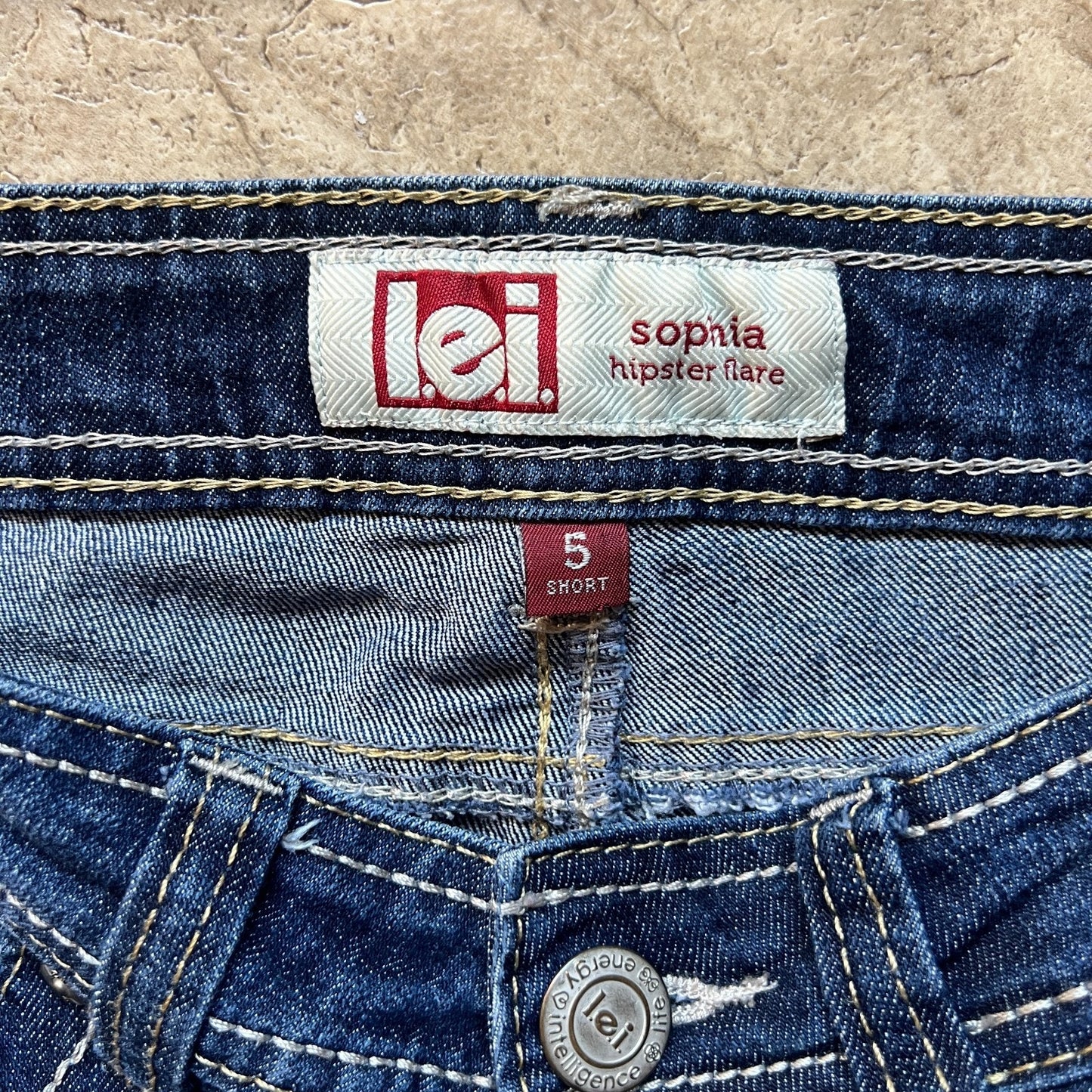 Vtg Y2K L.E.I. Womens Sophia Hipster Flare Jeans Size 5 Short Baddie Boho Hippie