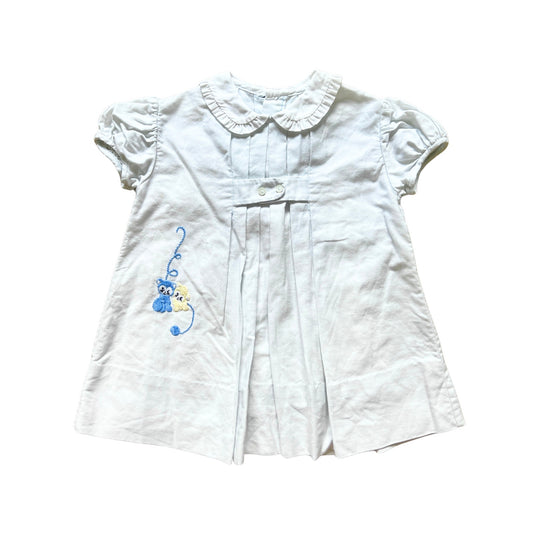 Vtg 70s Babydoll Dress Embroidered Cats & Yarn Pleated Kitsch Cottagecore Dainty