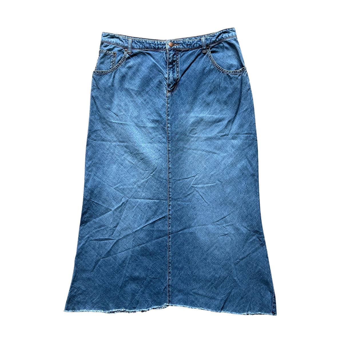 Vtg Y2K Venezia Denim Maxi Skirt 14 Raw Hem Boho Hippie Whimsigoth Indie Grunge