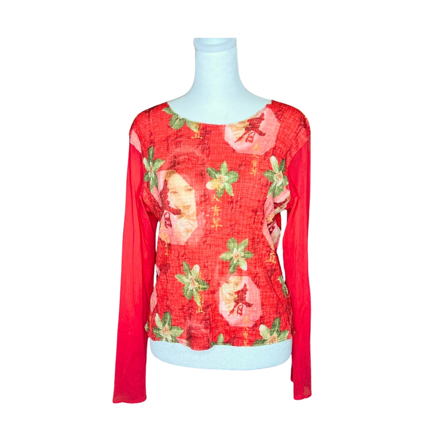 Vtg Y2K C'est Duo Mesh Top L Asian Inspired Floral Artsy Rave Baddie Festival