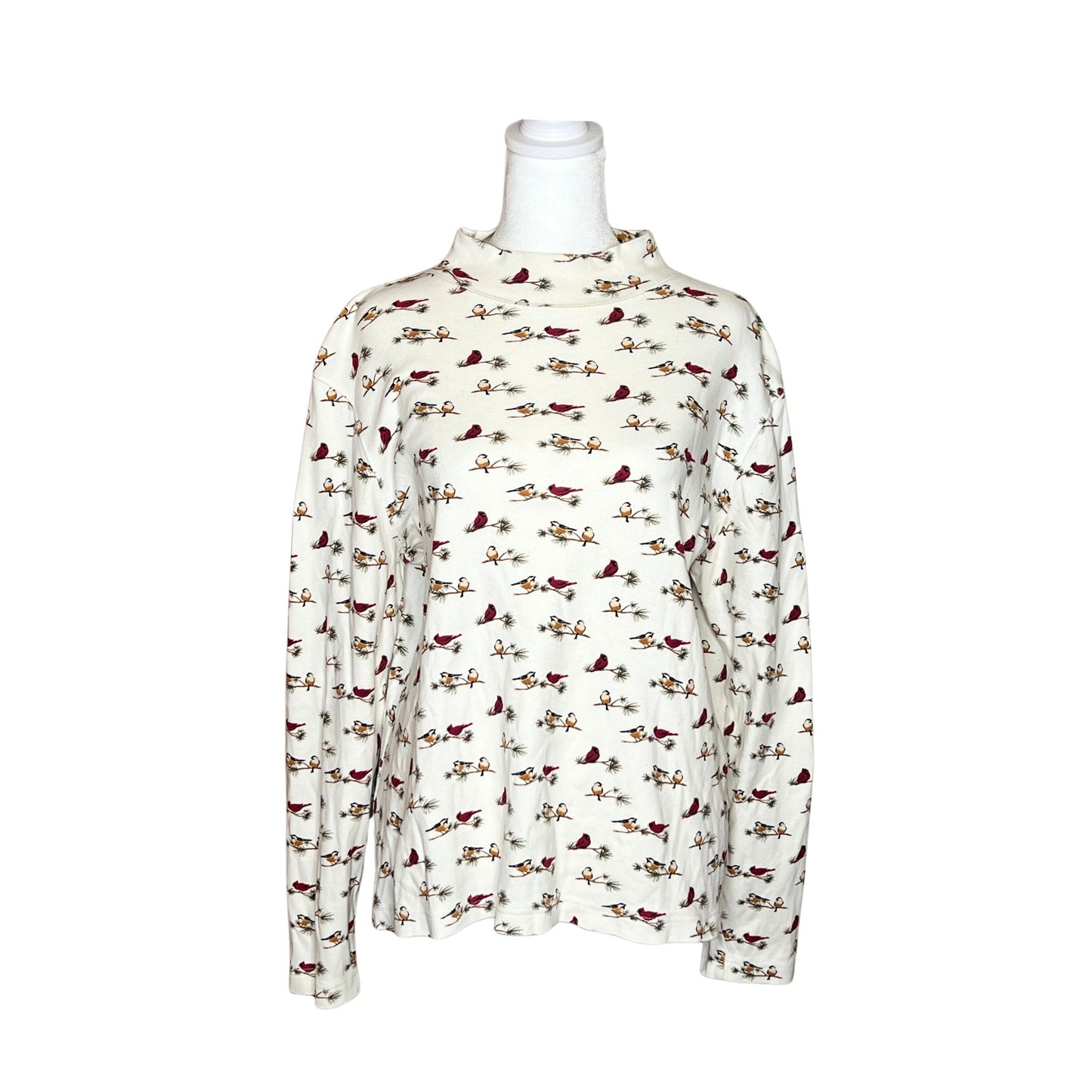 Croft & Barrow Bird Print Mock Neck Long Sleeve XL White Multi-color Christmas Holiday Nature