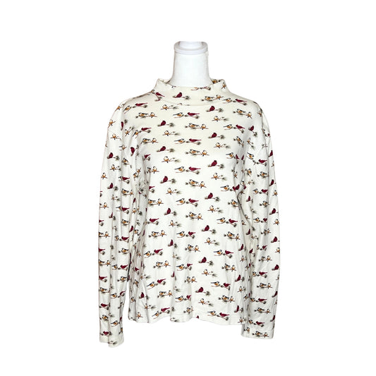 Croft & Barrow Bird Print Mock Neck Long Sleeve XL White Multi-color Christmas Holiday Nature