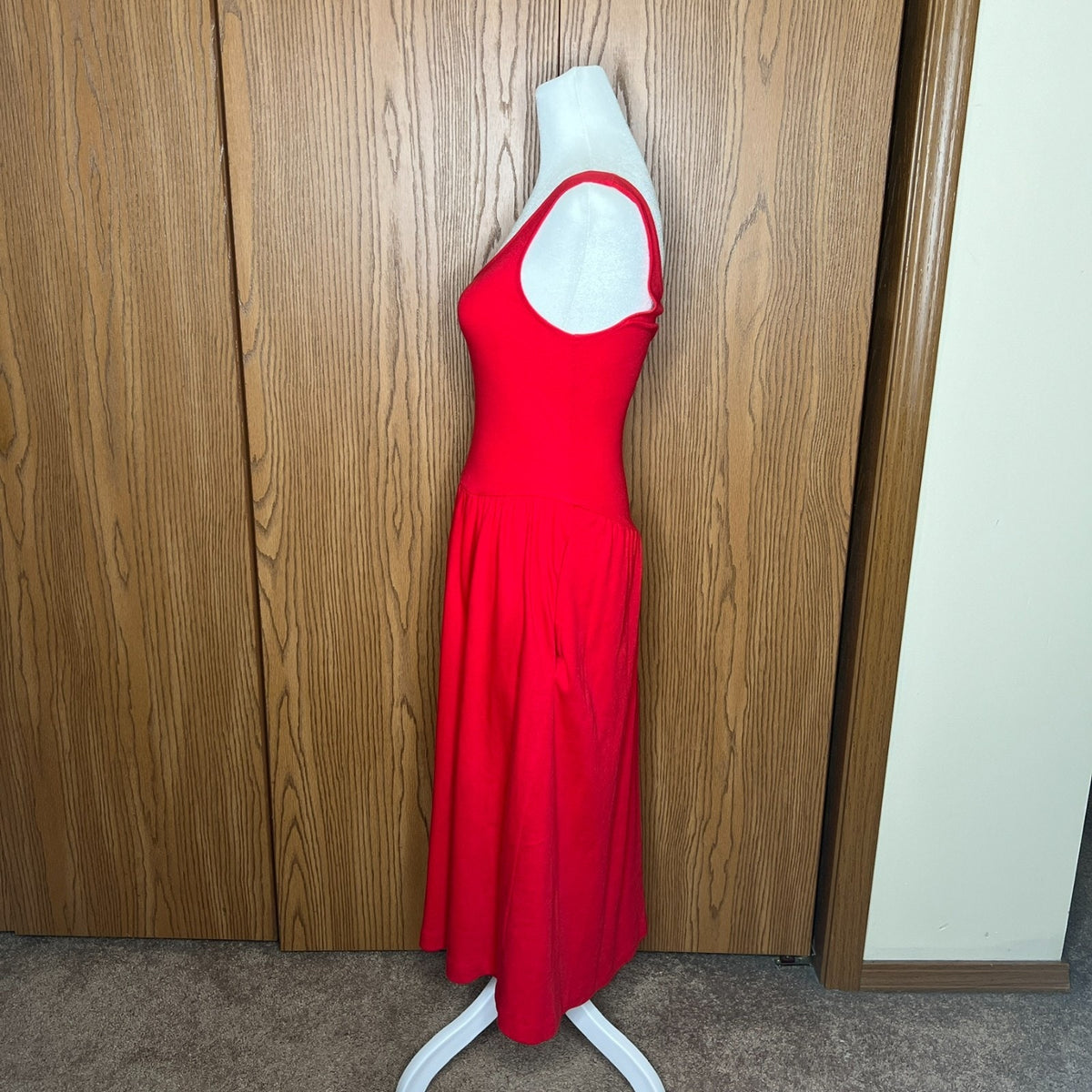 Vintage 80s Oops California Midi Dress Tomato Red Drop Waist Whimsical Romantic
